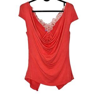 EVE Small orange red Lace Trim beaded Embellished plunge cowl Neck Smocked Top